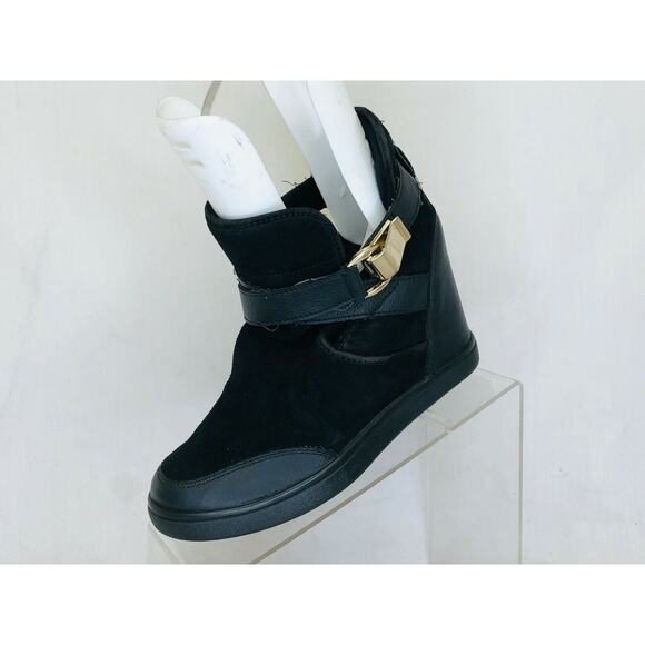 ALDO Womens Black Leather Suede Buckle Wedge Ankle Boots Bootie Size 8.5 M - Picture 1 of 11